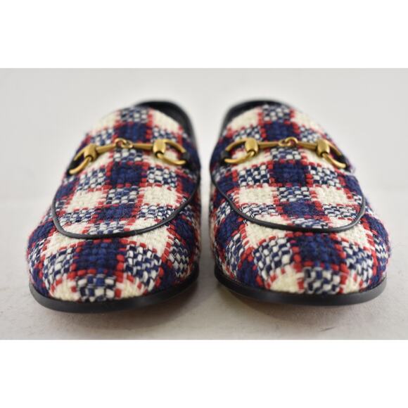 Gucci New Jordaan Blue Red White Black Tweed Check Loafer Mule Slipper Flat 38.5 - Picture 6 of 14